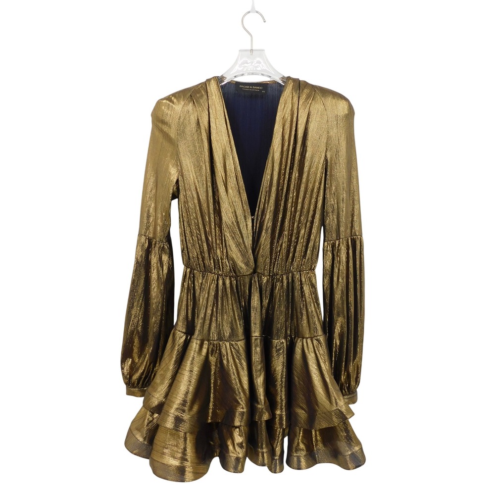 Bronx and Banco XS Bedouin Mini Plunge Ruffle Dress In Gold Metallic Jersey